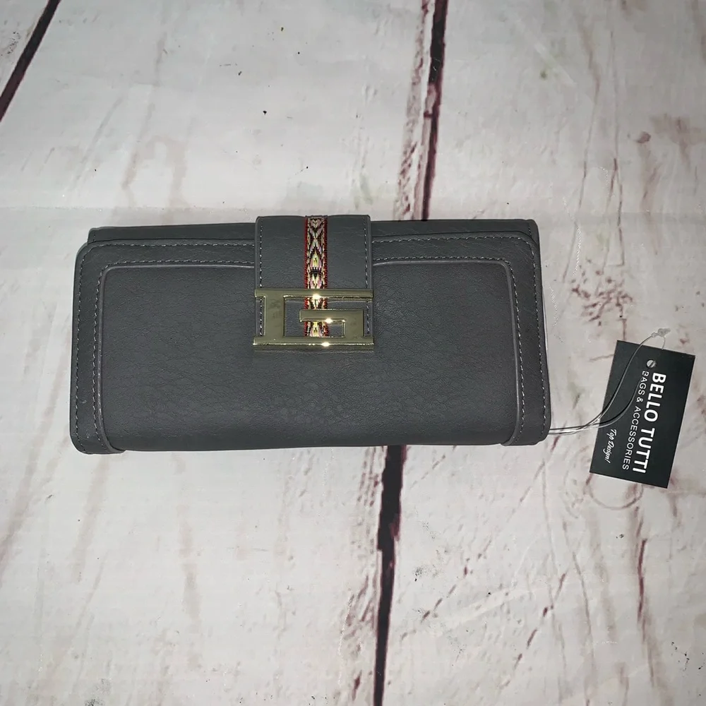 Women's Gray Pu Leather Tri Fold Wallet Clutch